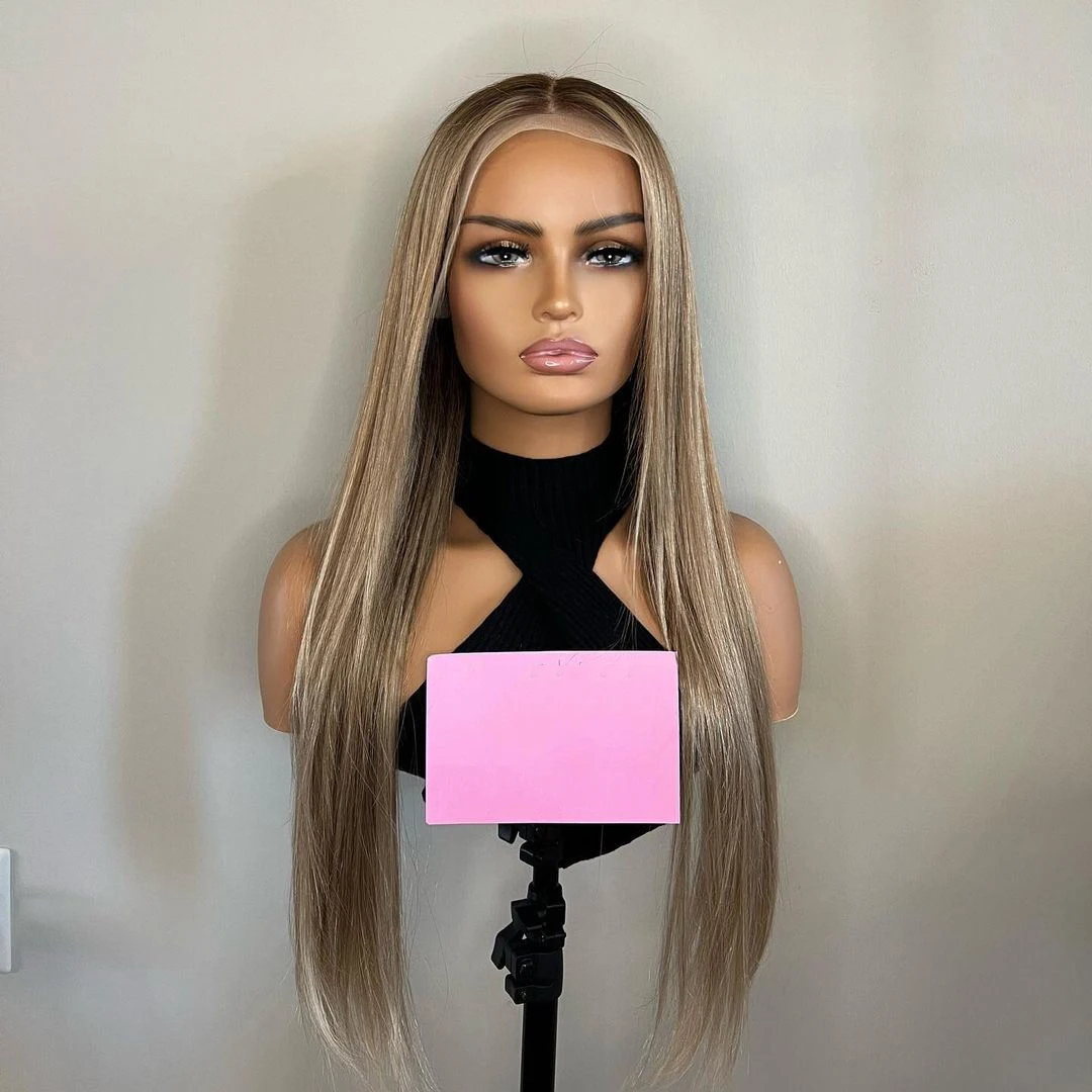 Ash Blonde Natural Dark Roots Straight Hair Wig 150% Density Virgin Human Premium Hair 13x6 Lace Front Wig 26” HD Invisible Lace