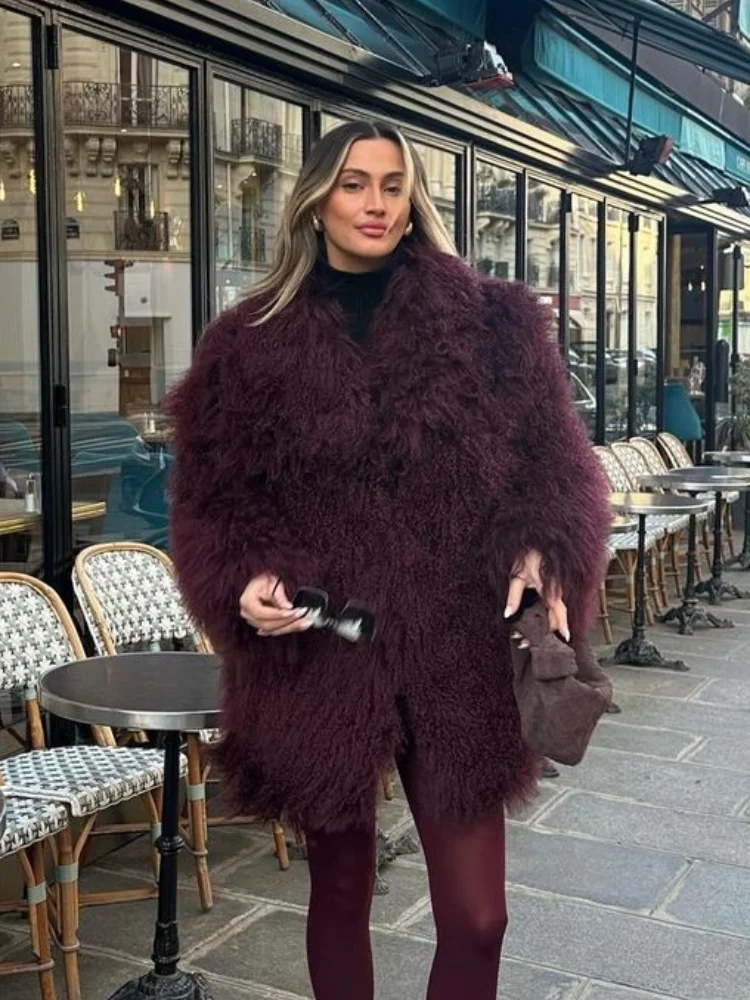 Women\'s Fashion Wine Red Furry Faux Fur Warm Coat 2024 New Thicken Fluffy Plush Loose Trendy Jacket Winter Chic Lady Outerwear