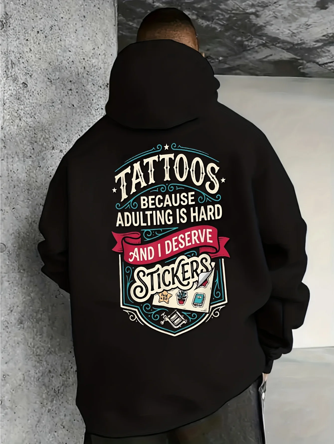 Men's Casual Hoodie with Tattoo Quote Design, Personalized Statement Style, Long-Sleeve Pullover, Casual Plus Size