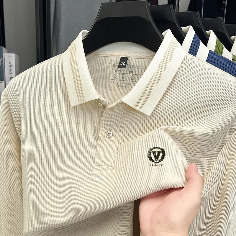 

100Cotton Original Quality Men's Polo Shirt Comfortable Stripe Collar V-Print Long Sleeve Autumn Lapel T-Shirt Business Menswear