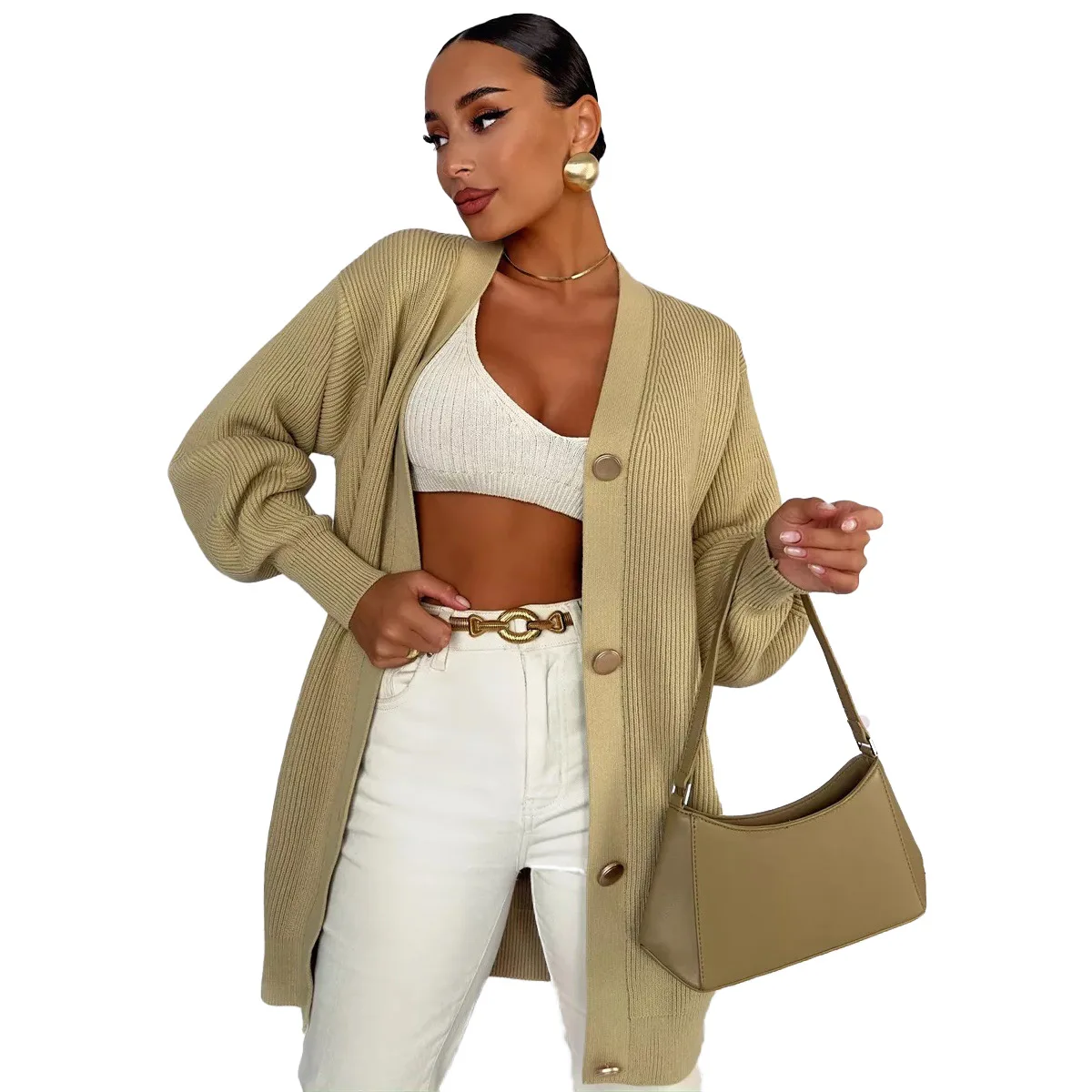 

2025 New Fashion Button Knitted Cardigan Women Autumn Casual Loose Solid Color V-neck Long-sleeved Sweater Jacket For Women