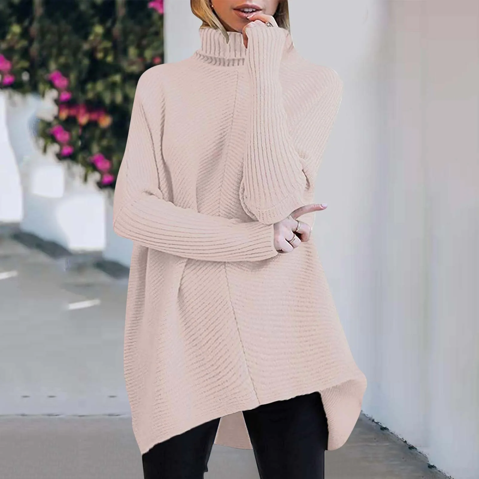 Dames Effen Kleur Onregelmatige Zoom Coltrui Pullover Lange Mouw Losse Gebreide Trui Casual Warme Comfortabele Eenvoudige Trui