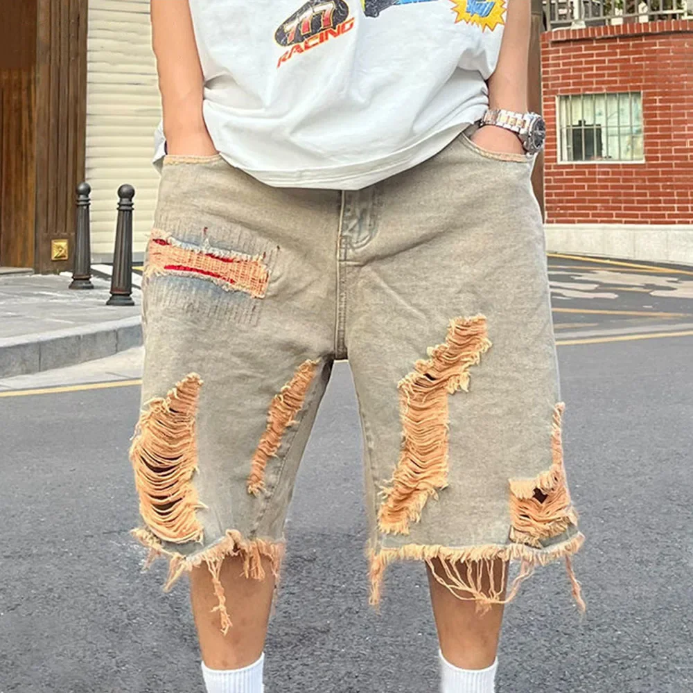 High Street Washed Distressed Raw Hem Ripped Denim Shorts Retro Men Clothing Summer Y2k Straight Loose Hip Hop Denim Shorts