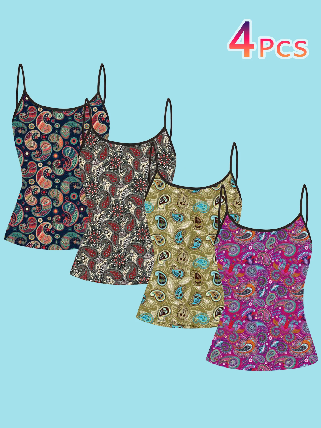 4-Piece Set of Funny and Satirical Printed Camisoles for Women: Mermaid, Sloth, Jesus, Raccoon, Rainbow, Thin Strap, Slim Fit, Sleeveless Tops