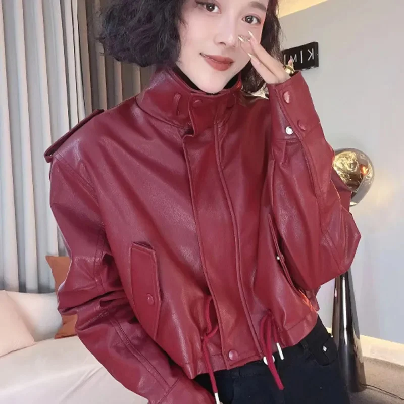 Black Wine Red Leather Short Coat Female 2024 Spring Autumn Fashion PU Leather Jacket Long Sleeve Outwear Tops Motorcycle