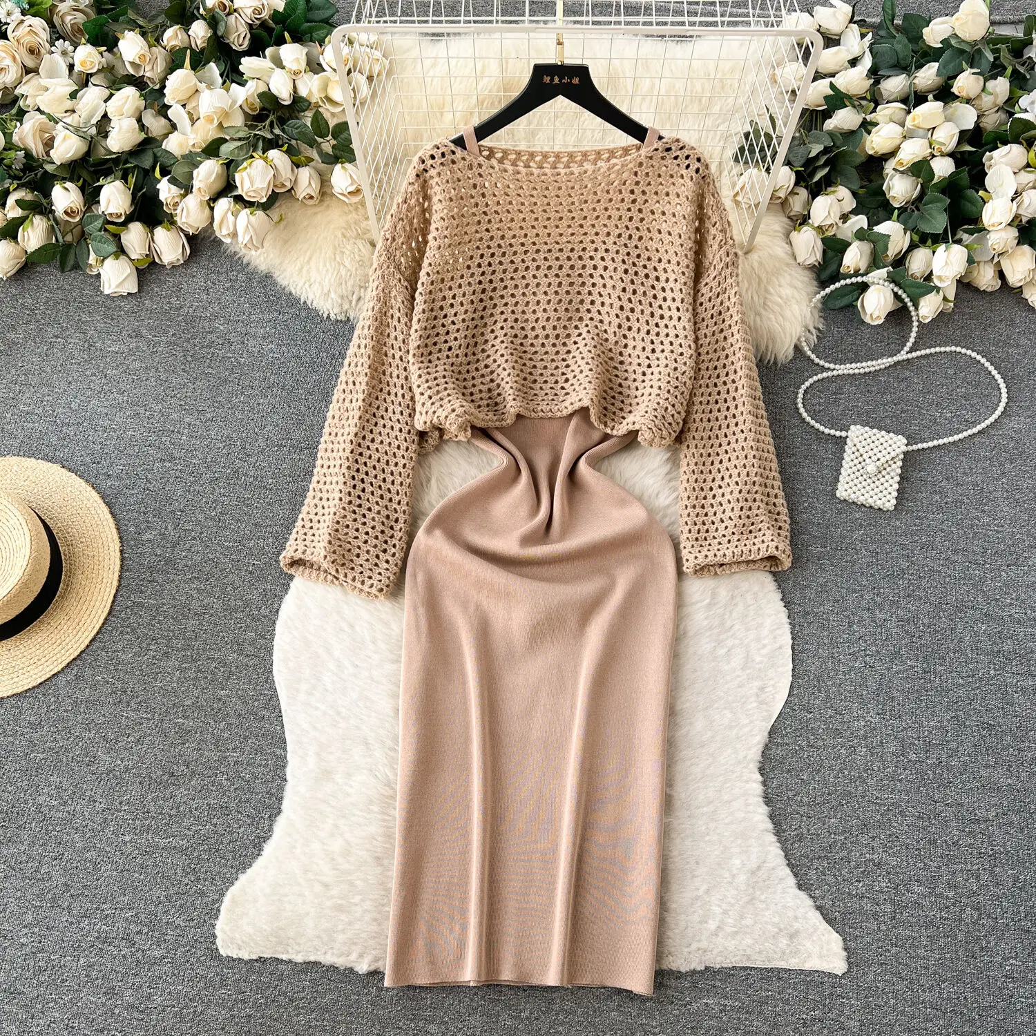 Korean Style Two Piece Set For Women's Loose Hollow Out Sweater Knitted Strap Dress For Women's Fashion Casual Set Autumn Winter