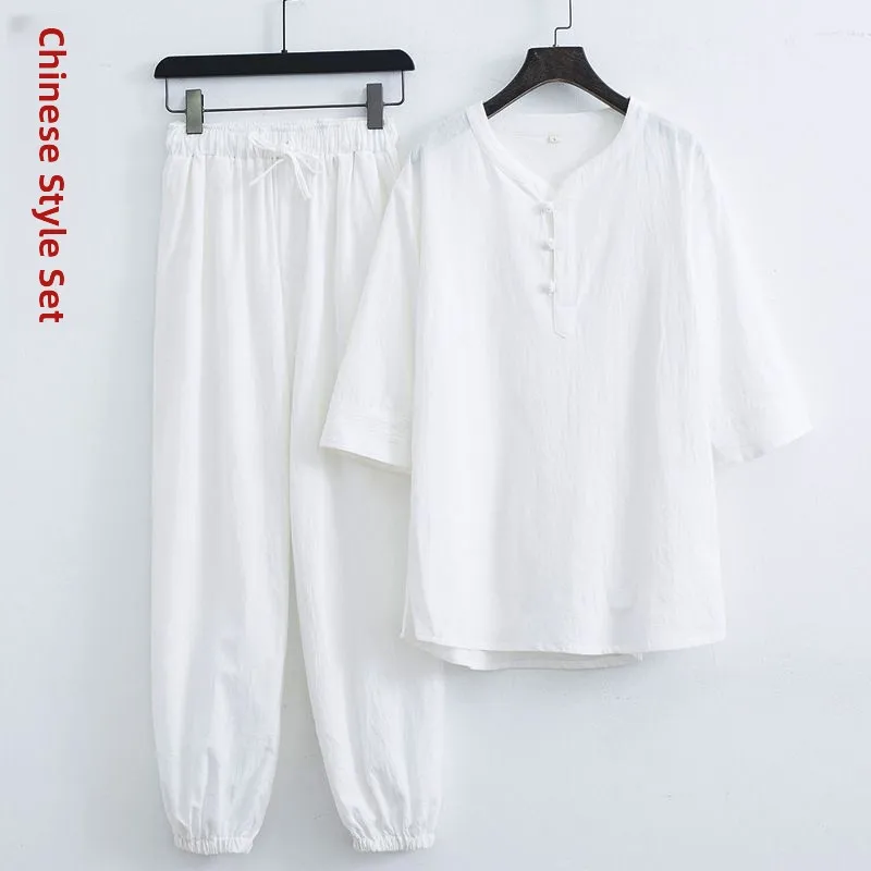 

White Cotton Linen Buddhist Layman's Clothing Set for Meditation Zen Sle Tang Suit Men's Autumn Seasonal Traditional Ethnic...