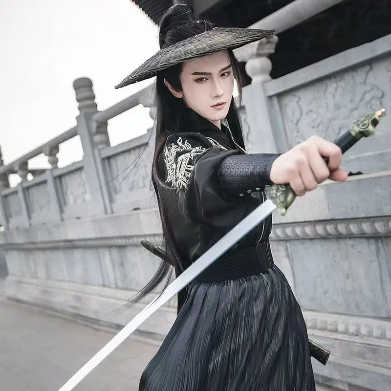 

3XL крутой черный мужской традиционный китайский костюм ханьфу с крестообразным воротником и вышивкой, стильный костюм для мальчиков на Хэллоуин Wuxia, боевой костюм для косплея