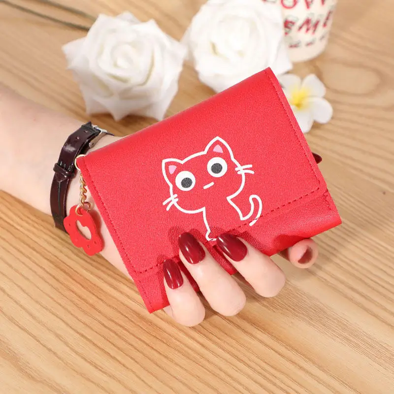 1PC Cartoon Cat Print Women's Short Coin Wallet PU Three Fold Card Bag Portable Multi Card Slot Travel Wallet for Birthday Gifts