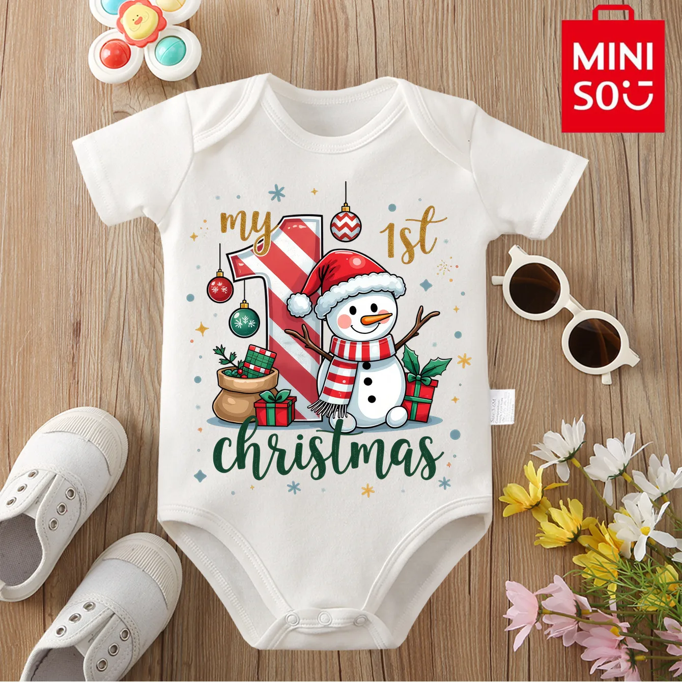 

MINISO ткань из чистого хлопка, первый рождественский комбинезон со снеговиком и лосем, боди для новорожденных 0-12 месяцев, лучший подарок для ребенка