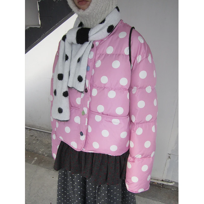 

Winter New Sle Korean Design Sensation Color Blo Polka Dot Loose Versatile Warm down Jaet Outerwear for Ladies