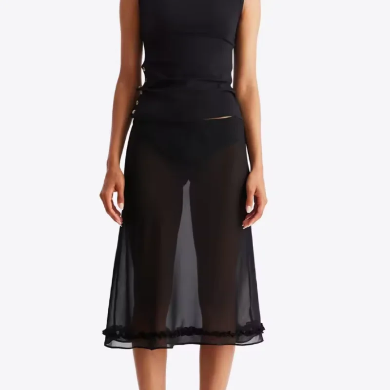 Y2k Fairy Coquette Skirts Dress Women's Midi Skirt See Through Low Rise Ruffled Hem Dot Pattern White Black Mesh Sheer Skirt