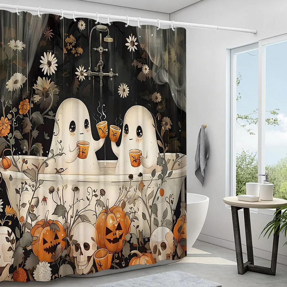 Halloween Shower Curtain Set Cute Cartoon Ghost Rug Toilet Lid Cover Washable Polyester Fabric Bathtub Curtain Bathroom Decor