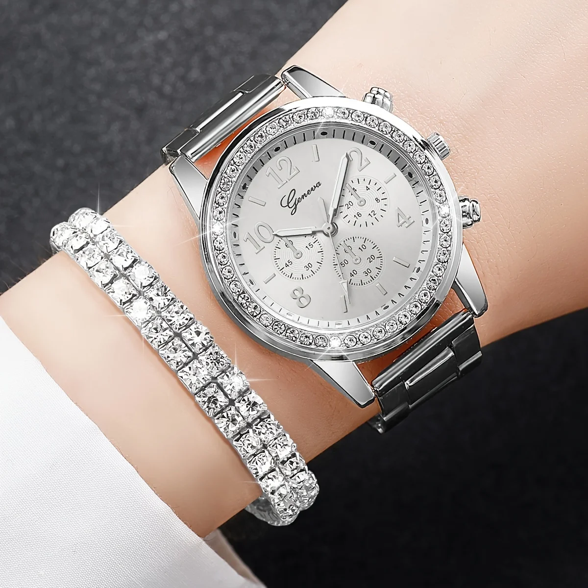 2pcs/set Dazzling Rhinestone Womens Luxury Watch & Bracelet Set - Precise Quartz, Stylish Analog Wristwatch