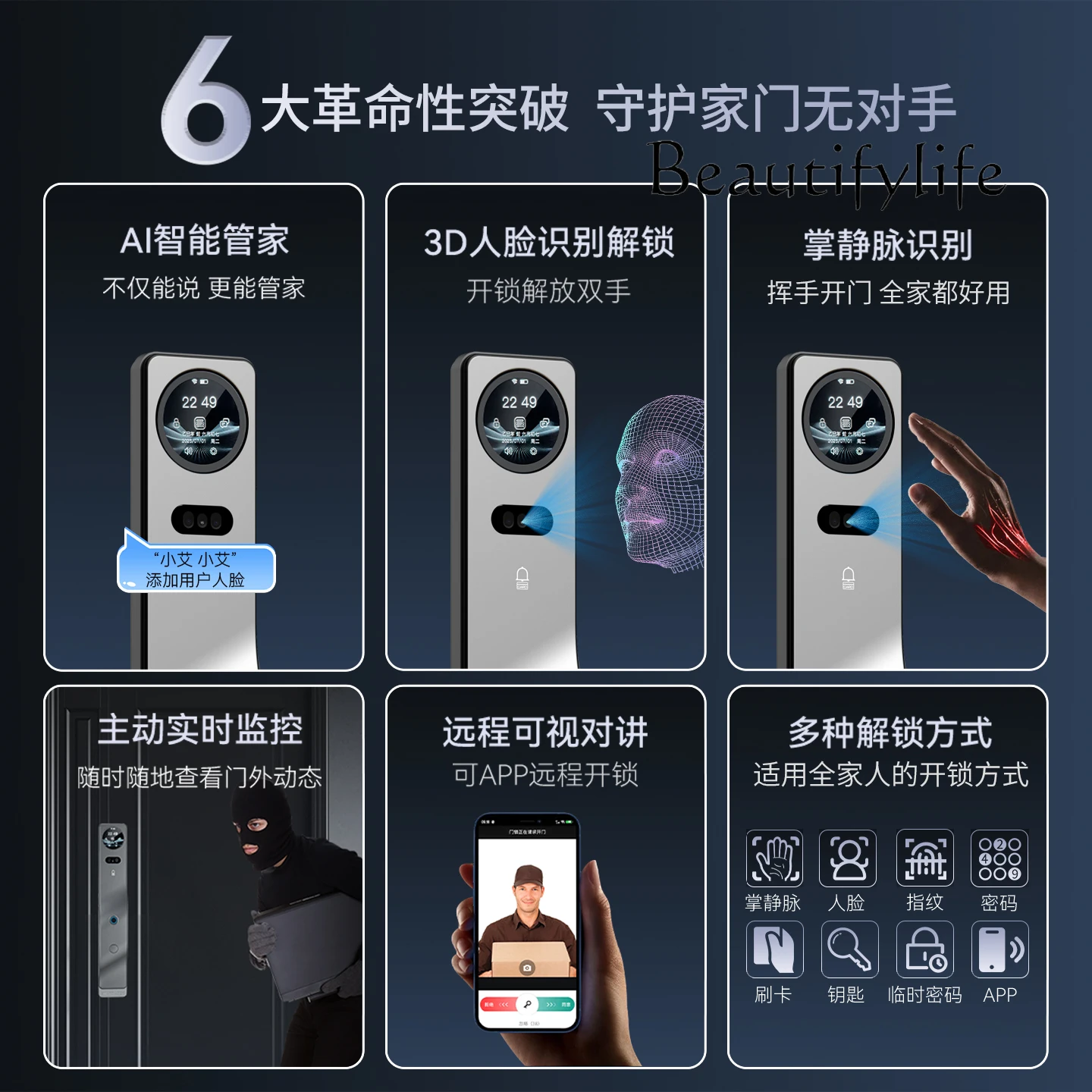 Intelligent 3D facial recognition smart door lock palm vein remote visual intercom monitoring fingerprint password lock