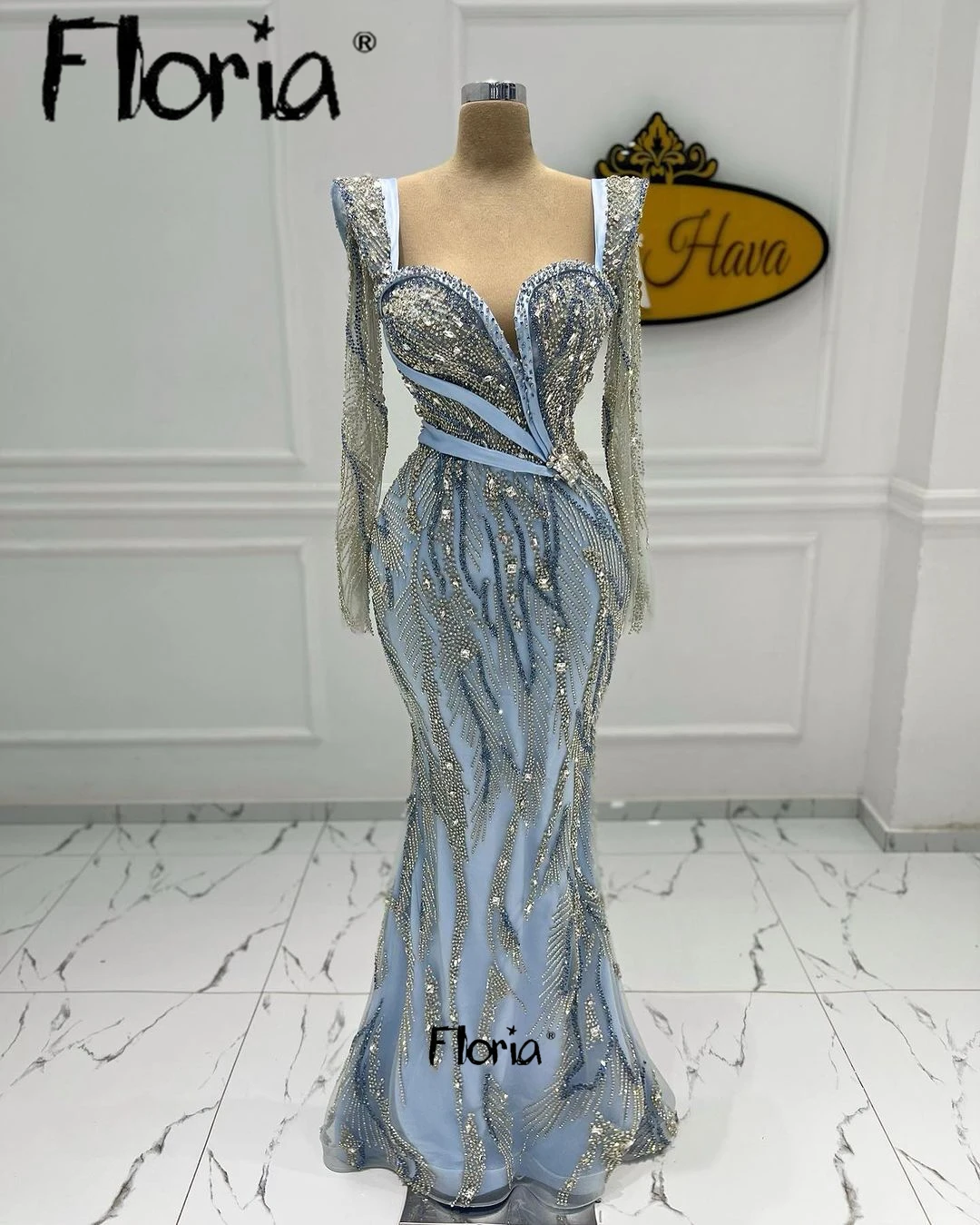 

Arabic Blue Lace Beaded Mermaid Formal Occasion Dresses Long Sleeve Vestido De Noiva Dubai Evening Dresses Prom Party Gowns