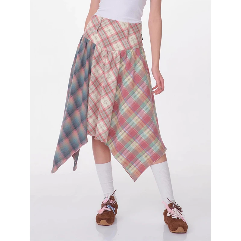 Y2K Plaid Midi Spódnica Kobiety Harajuku Vintage z paskiem Asymetryczne spódnice Letnie koreańskie wysokiej talii Slim A Line Faldas New