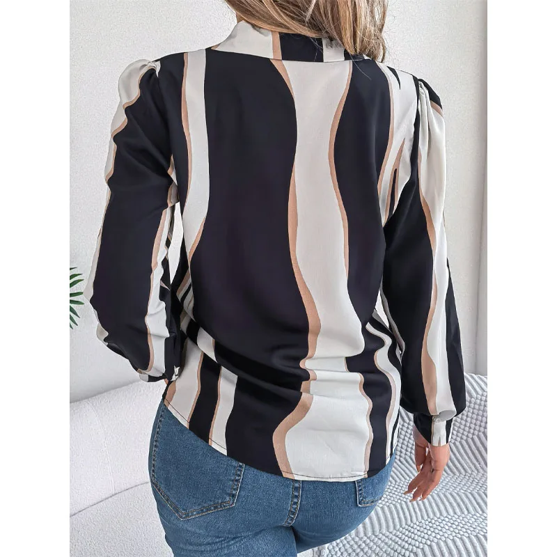 Women's Top Autumn and Winter New Fashion Splice Button Suit Collar Long Sleeve Temperament Versatile Commuting Stripe Shirt