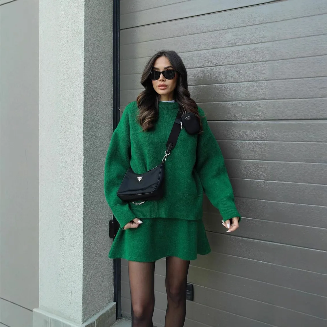 Set Dua Potong Rajutan Gaya Preppy Wanita 2025 Sweter Longgar Leher O Musim Dingin Musim Gugur Rok A Line Pakaian Chic Pakaian Jalanan