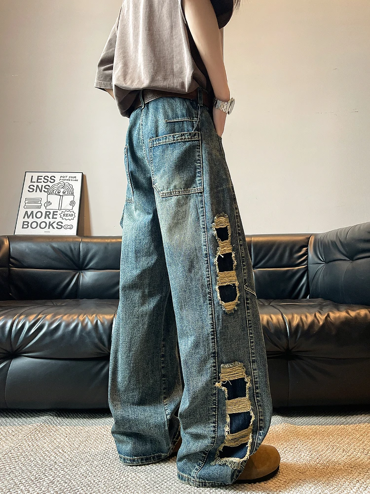 الرجعية الأمريكية خمر واسعة الساق الجينز الرجال Personali فضفاض مستقيم السراويل الطويلة الشباب العصرية الربيع عادية فضفاض صالح #4