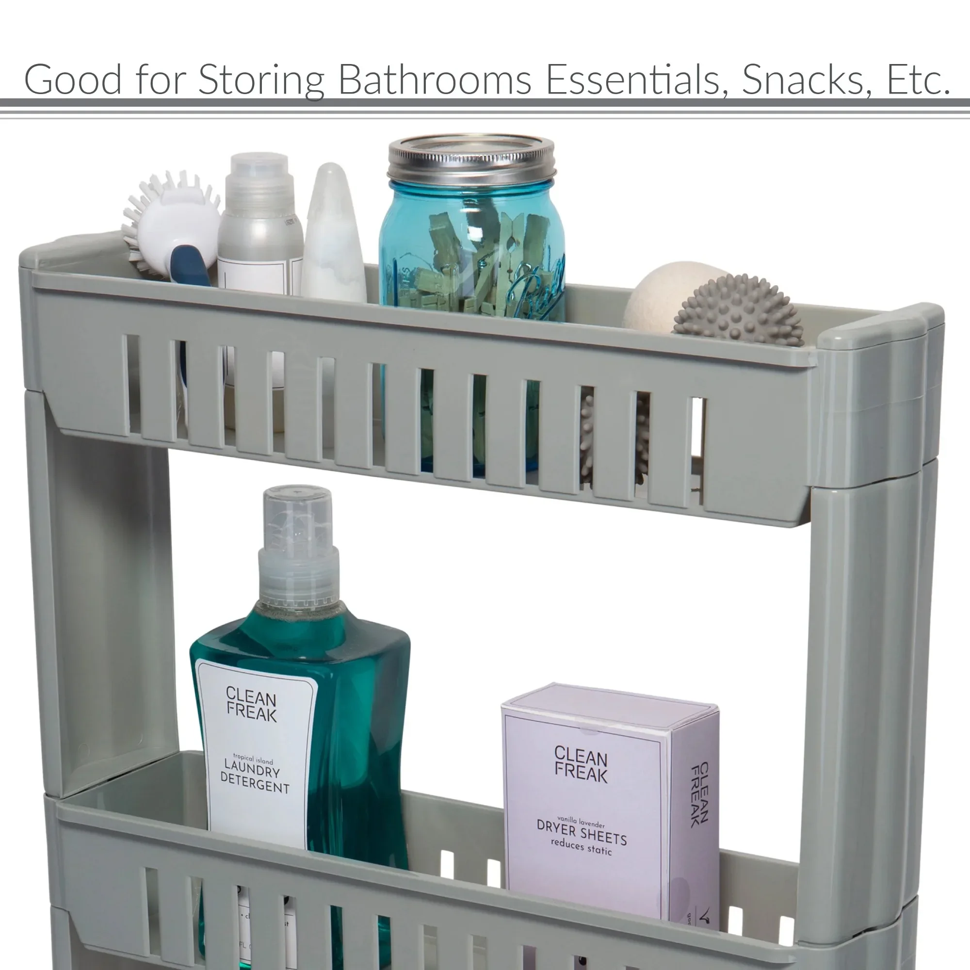 3-Tier Slim Slide-Out Plastic Storage Cart Grey - For Laundry Room & Closet Organization - Space Saving Rolling Cart