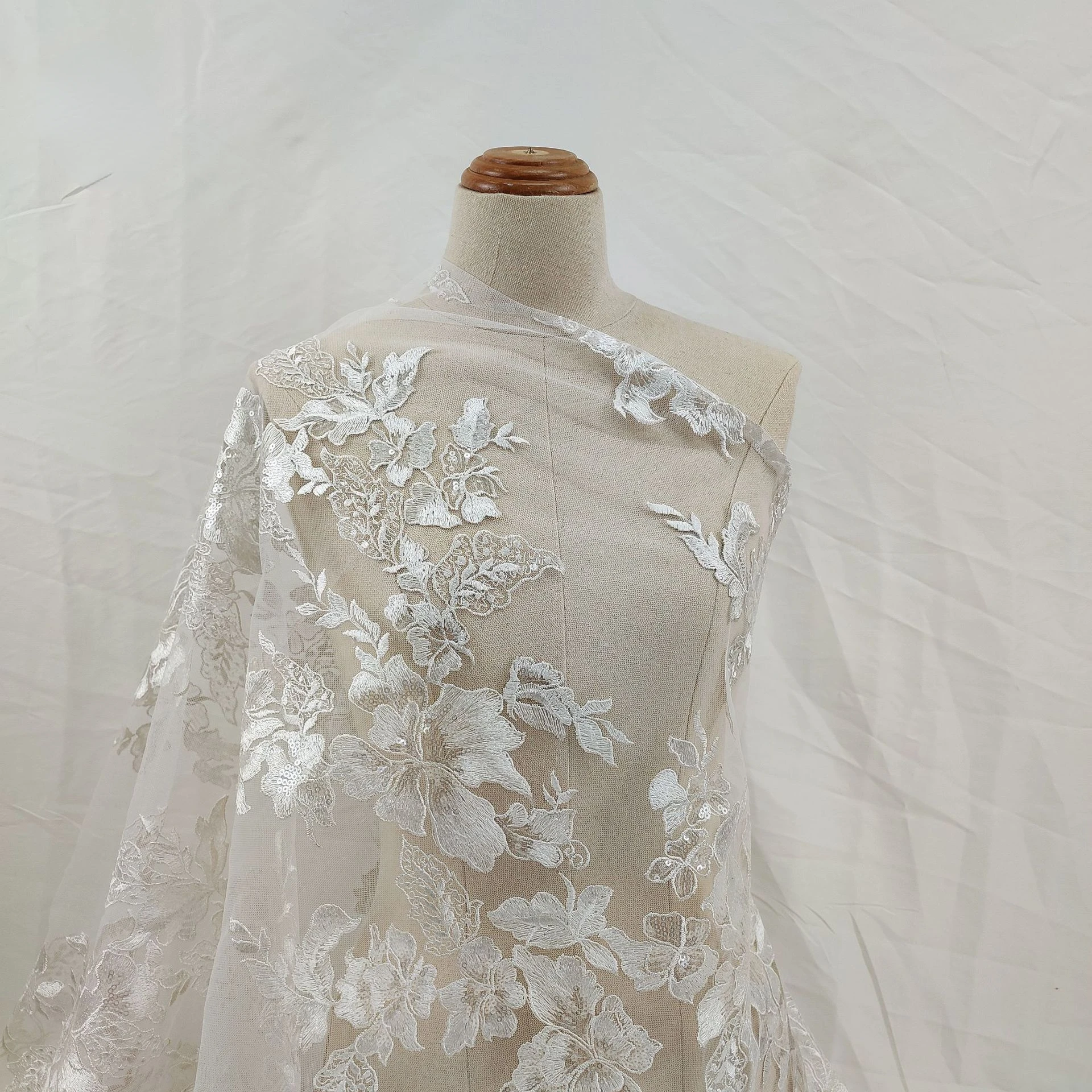 White Polyester Embroidered Mesh Sequins Irregular Wedding Dress Lace Fabric