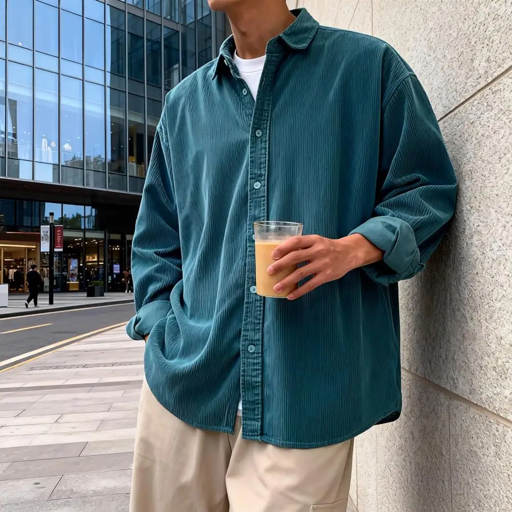 

New Men's Corduroy Shirt Relaxed Fit Long Sleeve Button Up Point Collar Solid Color Casual Retro Style Fall Winter Jacket