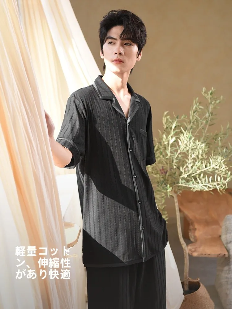 xuanjiang-men's-summer-lightweight-pure-cotton-short-sleeve-shorts-casual-wearable-cool-feeling-high-end-home-clothes-set