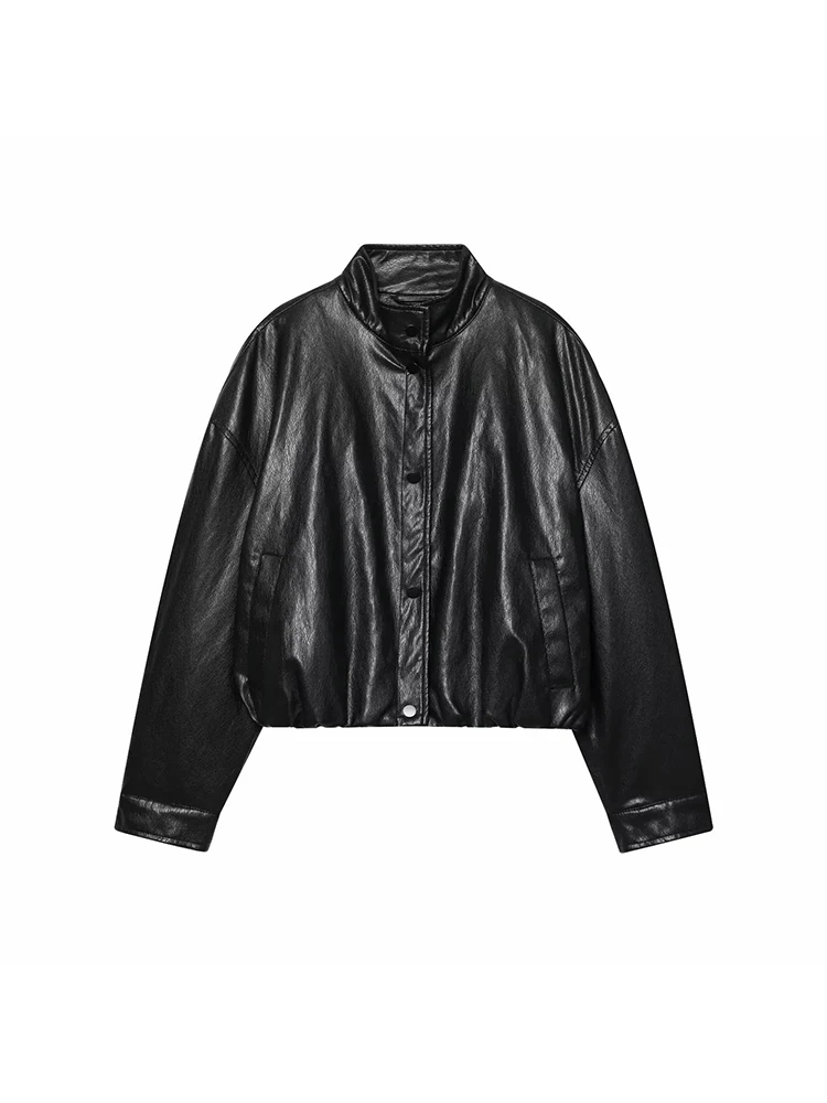 Jaqueta Feminina Nova de Primavera, Moda Simples, Solta, de Gola Alta, Manga Longa, Jaqueta de Couro Sintético, Casaco Curto Feminino