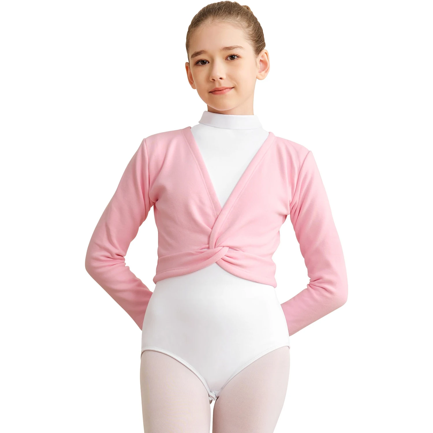 Girls V-neck Ballet Wrap Tops Kids Long Sleeve Dance Sweater Velvet Inner