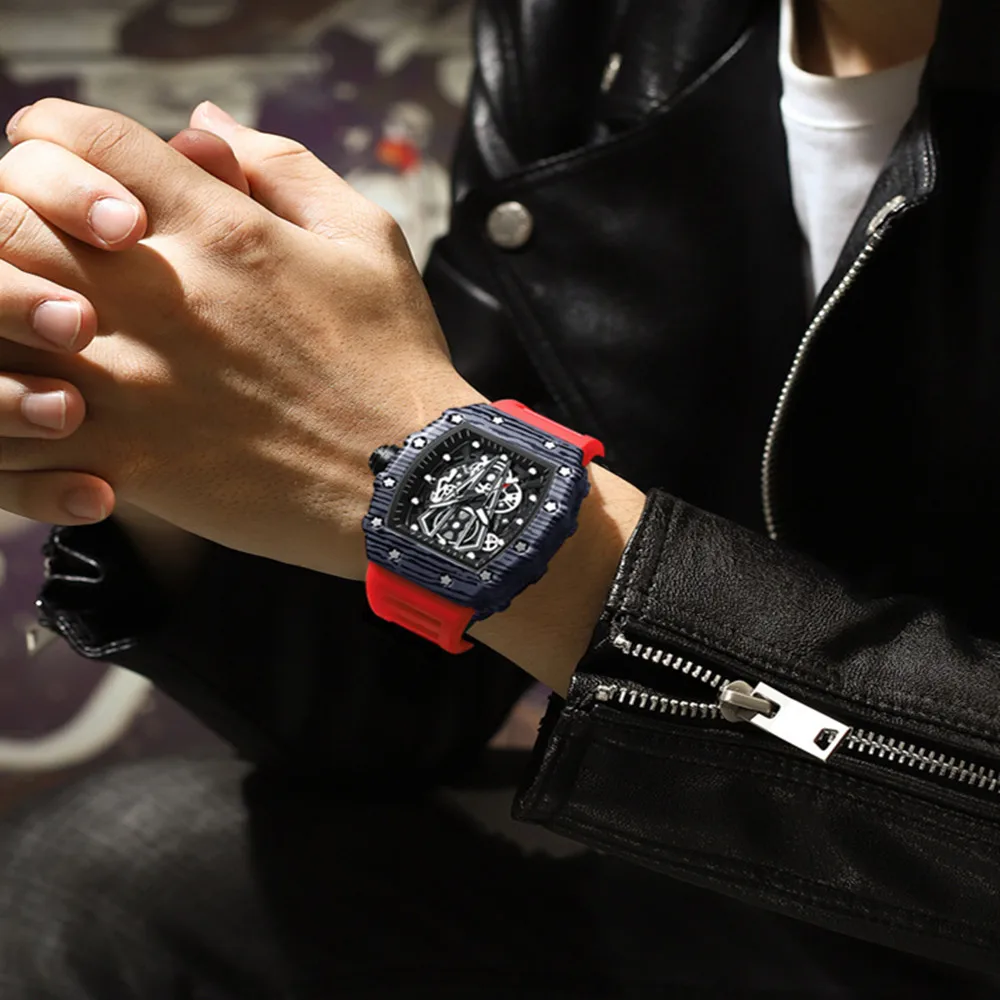 BINBOND 8577 ساعة كوارتز رجالية سطح مجوف موضة رياضية كرونوغراف مقاوم للماء ساعة سيليكون حزام ساعة رجالي عادية