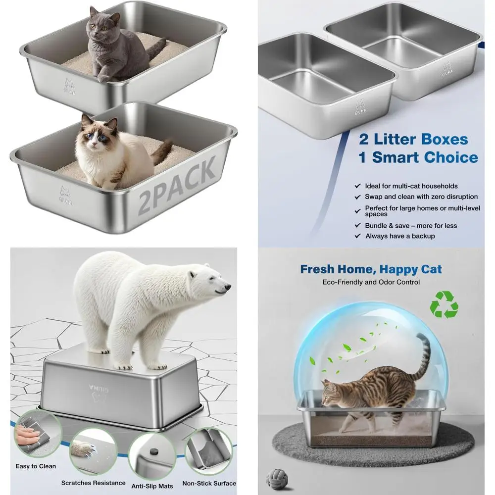 

Stainless Steel Double Litter Box, 19.5 x 13.6 x 5.9, High-Sided for Cats, Easy Clean, Odor-Free