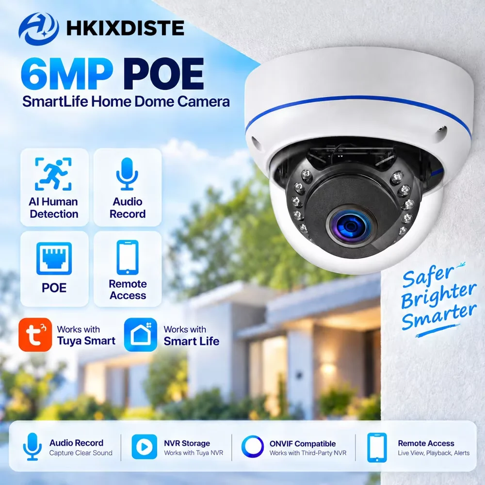 6MP POE Outdoor Security Camera Metal Dome IP Camera Tuya Smart Life AI Human Detection Audio Record Waterproof Explosion-Proof