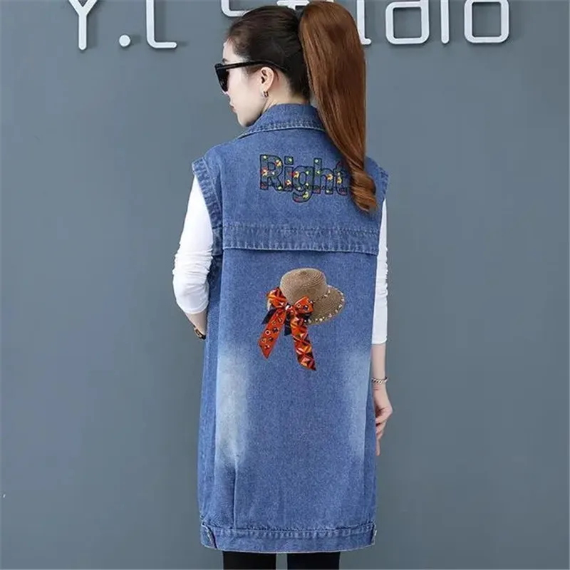 Women Long Denim Vest Coat Spring Autumn Retro Big Pocket Loose Sleeveless Jacket Large Size Female Jeans Windbreaker Waistcoat