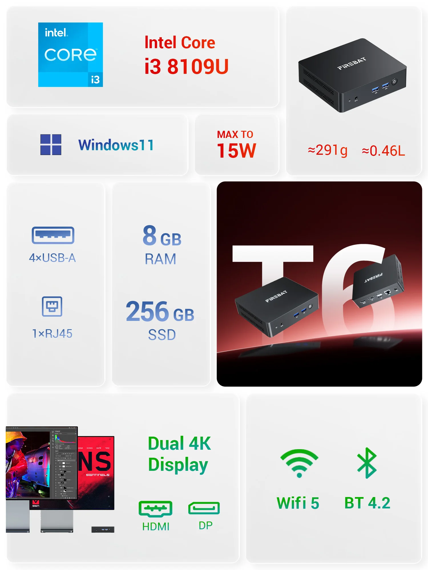 FIREBAT T6 MiniPC Intel i3-8109U beats N95 8GB LPDDR3 RAM 256GB SSD Wi-Fi5/BT 4.2 dual 4k display windows11 Desktop Computer