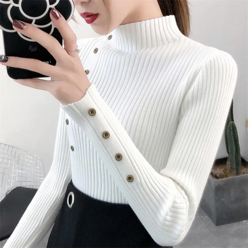 2023 Women Autumn Knitted Slim Sweaters Solid Knitted Female Cotton Soft Elastic Color Pullovers Button Full Sleeve Turtleneck