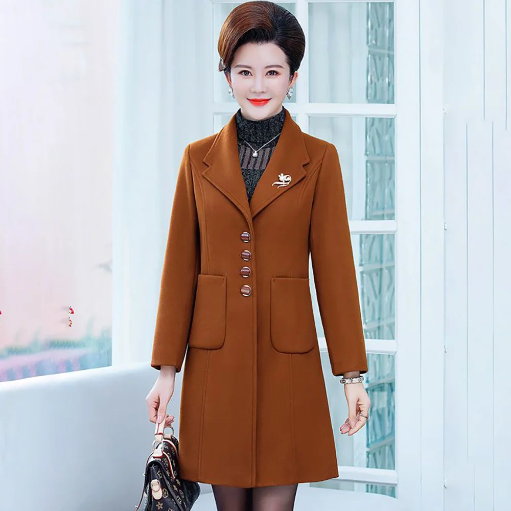 Middle-aged And Elderly Ladies Woolen Coat Temperament Long Mom Spring And Autumn 2024 Fashion New Loose Slim Coat Woman 5XL