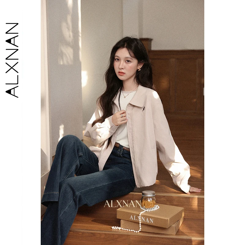 ALXNAN Pink Short Jacket Women 2025 Autumn Casual Zipper Embroidered Cuffs Striped Stitching Jackets Loose-fit Female Top L57721