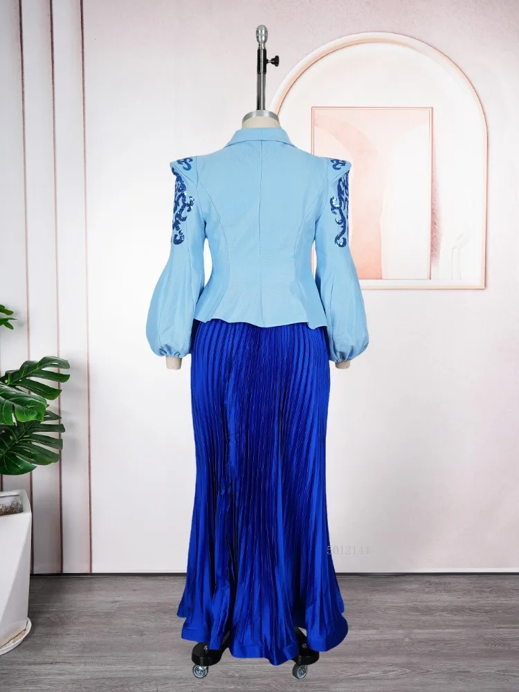 فستان أفريقي للمرأة سترة مطرزة بأكمام منتفخة فستان ماكسي مطوي أنيق لحفلات الزفاف مقاس كبير ملابس أفريقيا