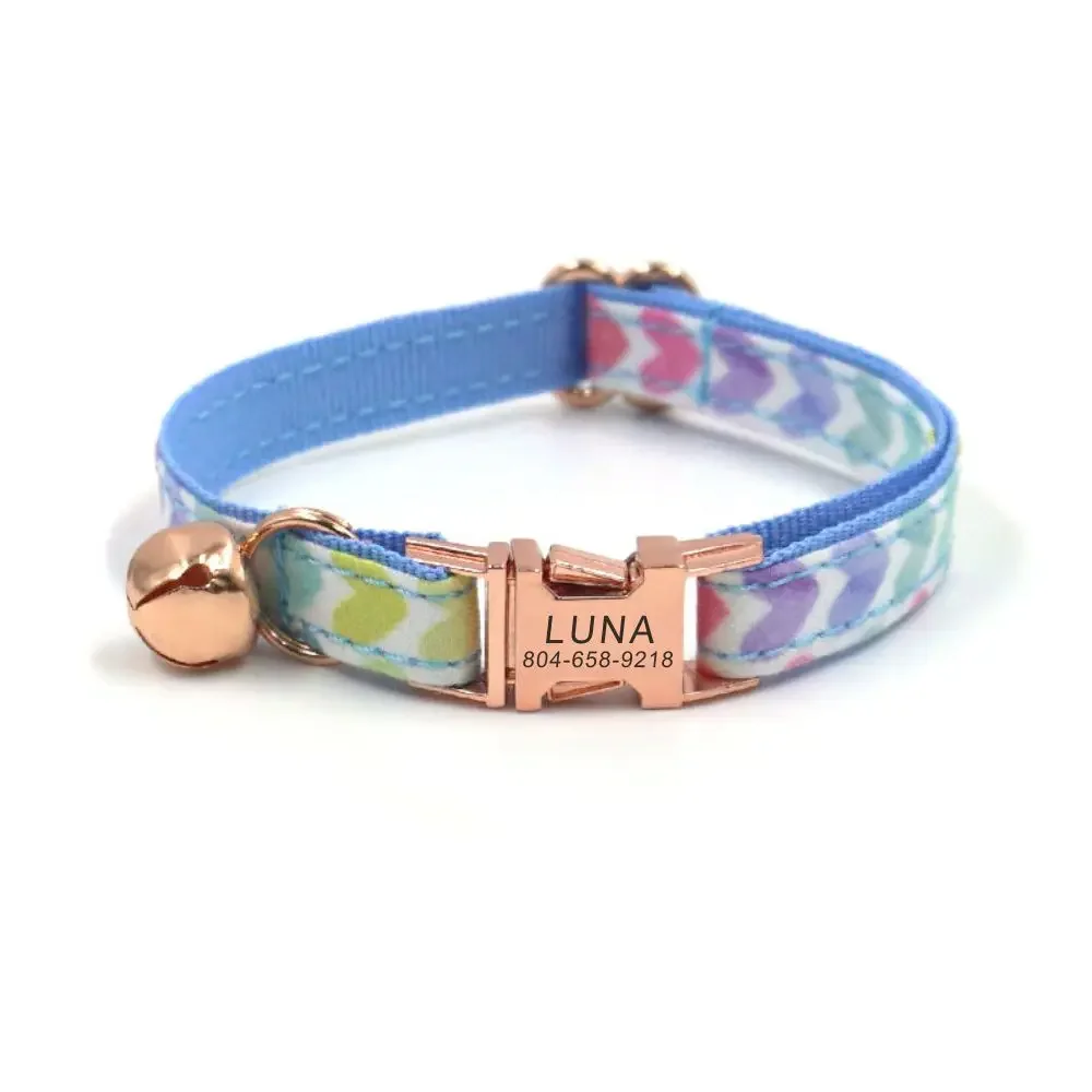 

Personalized Cat Collar, Customized ID Name Contacts Metal Buckle, Adjustable Blue Heart Print Cat Collars with Bell