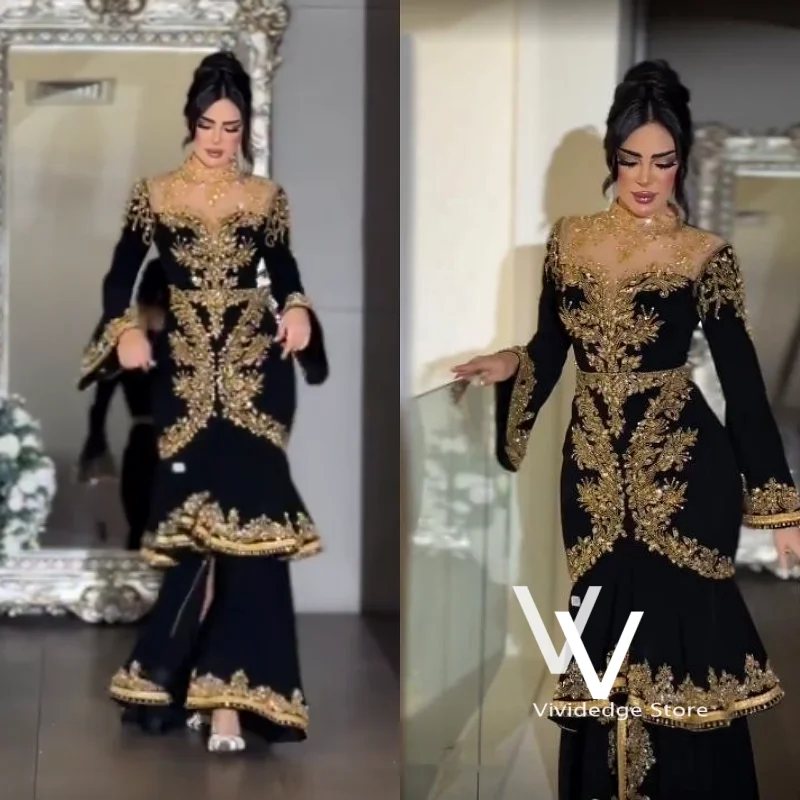 Luxury Black Gold Embroidery Evening Dress High Neck Sheer Slit Mermaid Gown Luxury Dubai Wedding Formal Party Dress Customized