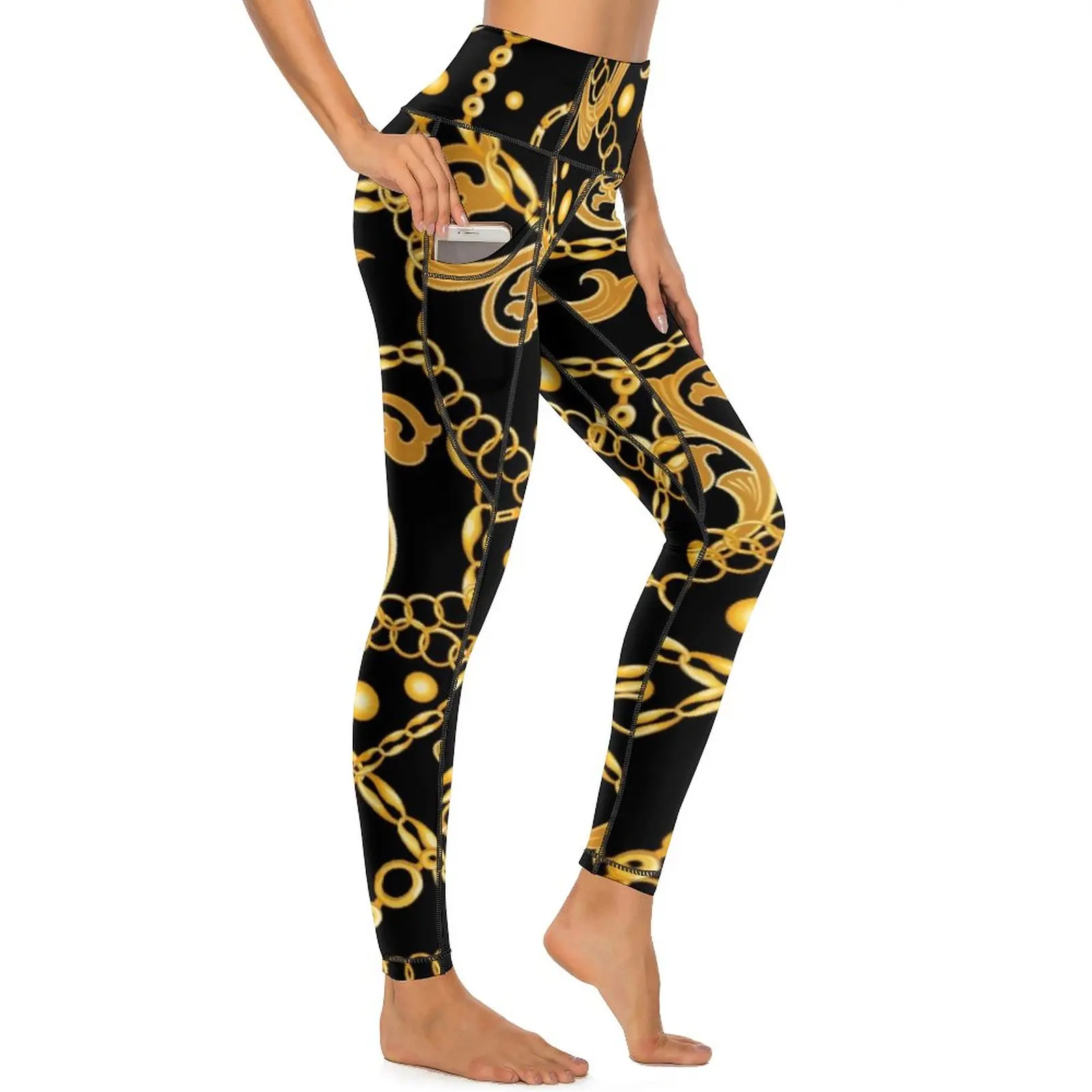 Gold Chains Leggings Sexy Retro Baroque Print Push Up Yoga Pants Casual Stretchy Leggins With Pockets Graphic Gym Sport Legging