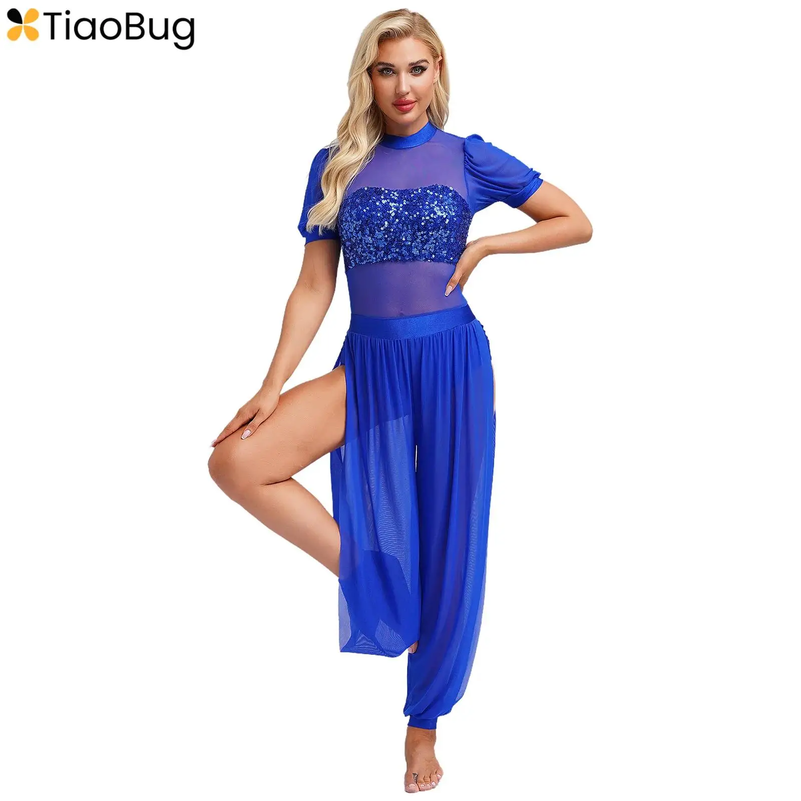 

Womens Indian Dance Jumpsuit Halloween Princess Cosplay Costume Short Sleeve Side Slit Sequins Patchwork Mesh Rompers Dancewear