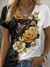 Women Casual V Neck T-shirt Fantasy Starry Flower Butterfly Contrast Color Print Short Sleeve Top