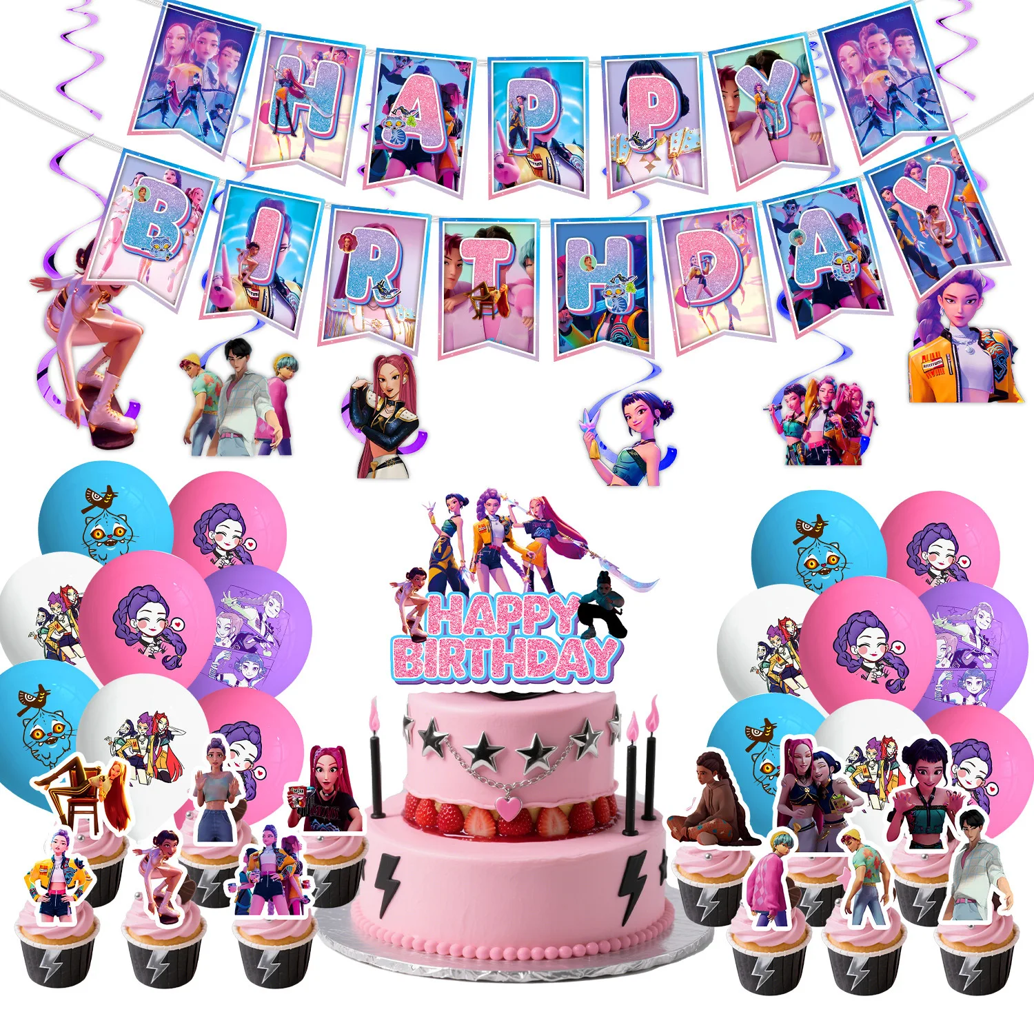 

Kpop Demon Birthday Party Decoration Hunter Group Birthday Party Supplies Huntrix Kpop Anime Cake Topper Balloons Hanging Flag