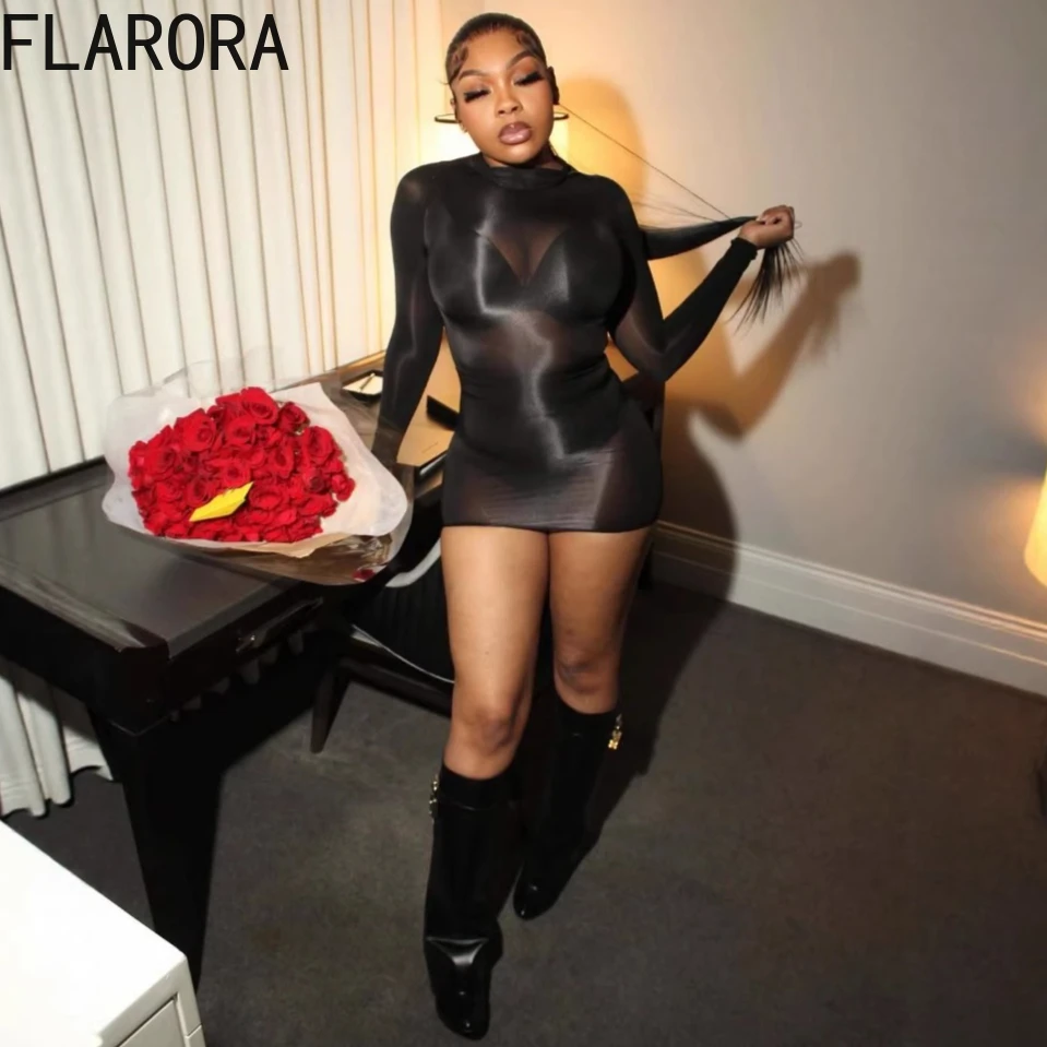 

FLARORA Sexy Mesh See Through Mini Dress Woman Round Neck Full Sleeve Stretch Slim Fit Peach Hip Dresses Midnight Party Clubwear