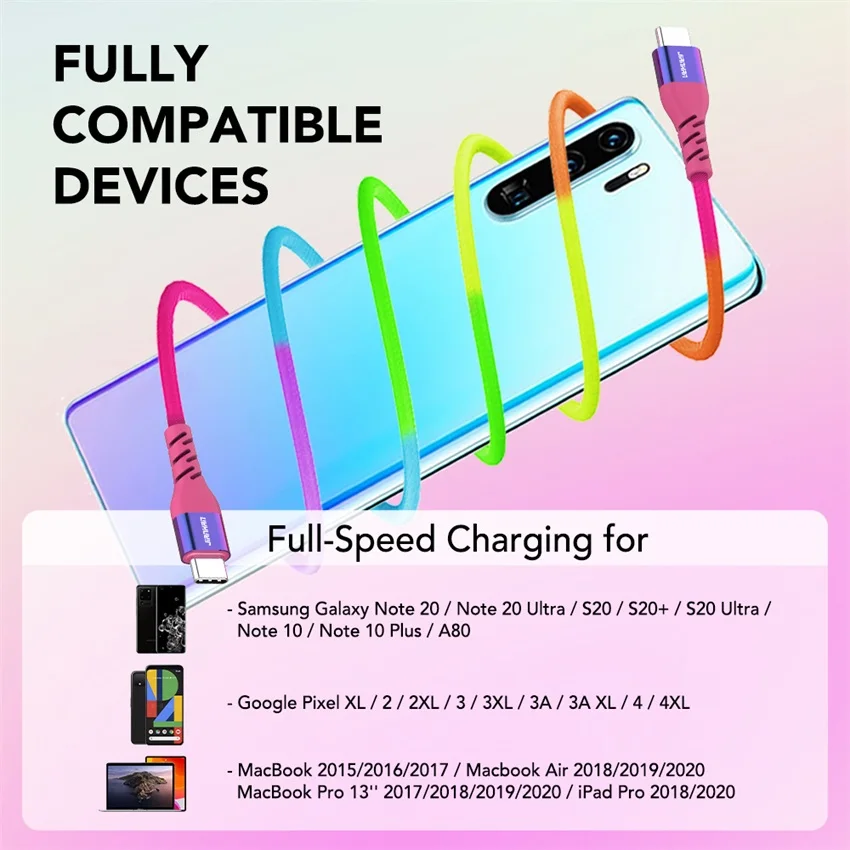 JianHan USB C to USB C Cable PD 60W Fast Charging Colourful Rainbow Braided Type C to Type C Cable for Samsung Xiaomi LG Google