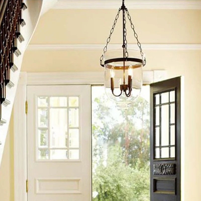 American Country Rotundity Clear Glass Pendant Light Retro Chain Sling Restaurant Living Room Kitchen Industry LED Lamp Fixtures