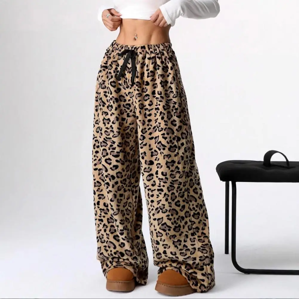 Women's Leopard Pant Casual High Waist Lace-up Elastic Wide Leg Pants Fall Winter New Women's Fashion Animal Print Trousers