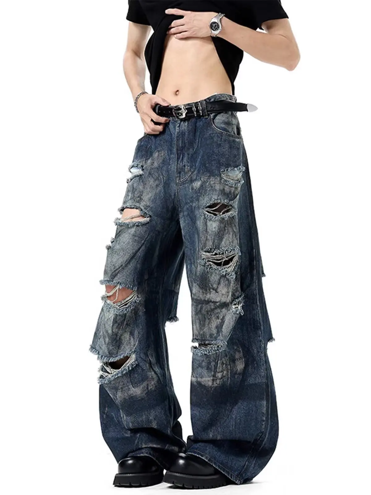 بنطلون جينز أزرق مغسول بفتحات أمريكية عتيقة للرجال 2025 جديد فضفاض غير رسمي بخصر مطاطي مطبوع عليه قذرة سروال طويل من قماش الدنيم